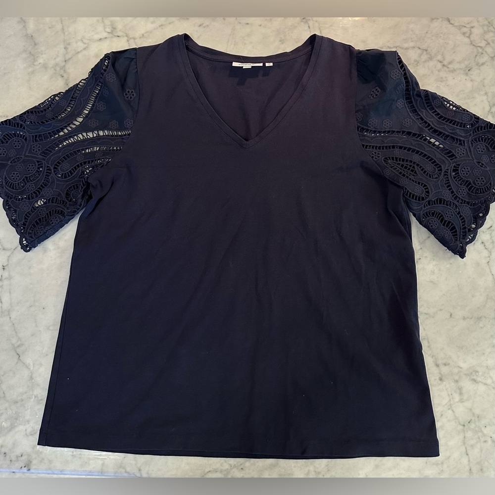 🇺🇸 Navy V-Neck Tee cotton Lace Short Sleeves sz 2 NWOT Patriotic Cool Top Chicos